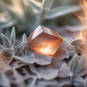 A sunstone crystal on sage leaves with smoke rising in a serene, warm setting.
